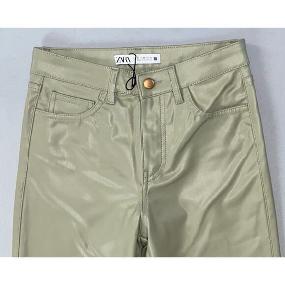 Zara Women's Coated Faux Leather Flare 5-Pocket Jeans. Light Olive, 00. NWOT! - Picture 6 of 9